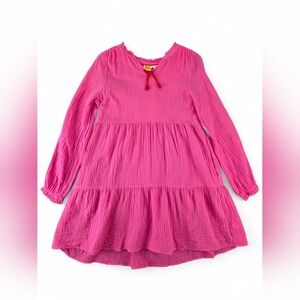 Boden Girls Pink Tiered Gauzy Cotton Dress 13-14Y Pockets Long Sleeve Bow Detail
